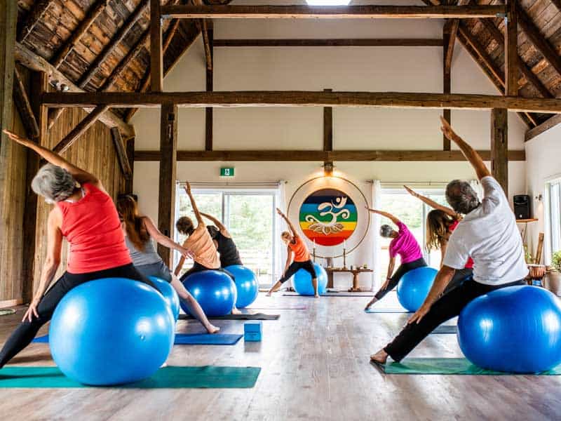 groupe de gens faisant du yoga sur un ballon dans une salle intérieur avec des poutres en bois